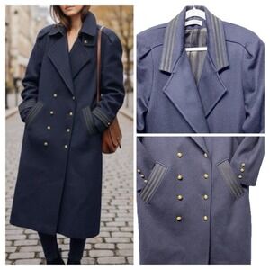 DonnyBrook XL‎ 100% Wool Double Breasted Navy Blue Trench Coat Brass Buttons